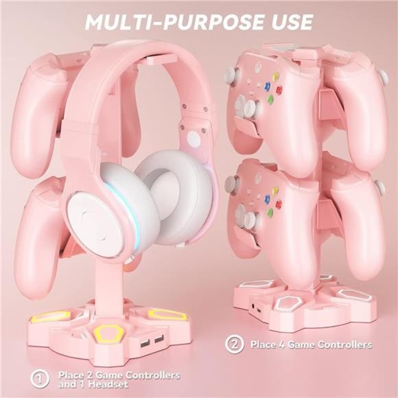 RGB Headphone Stand with 9 Light Modes - Rotatable Pink Game Headset Holder - Picture 6 of 6